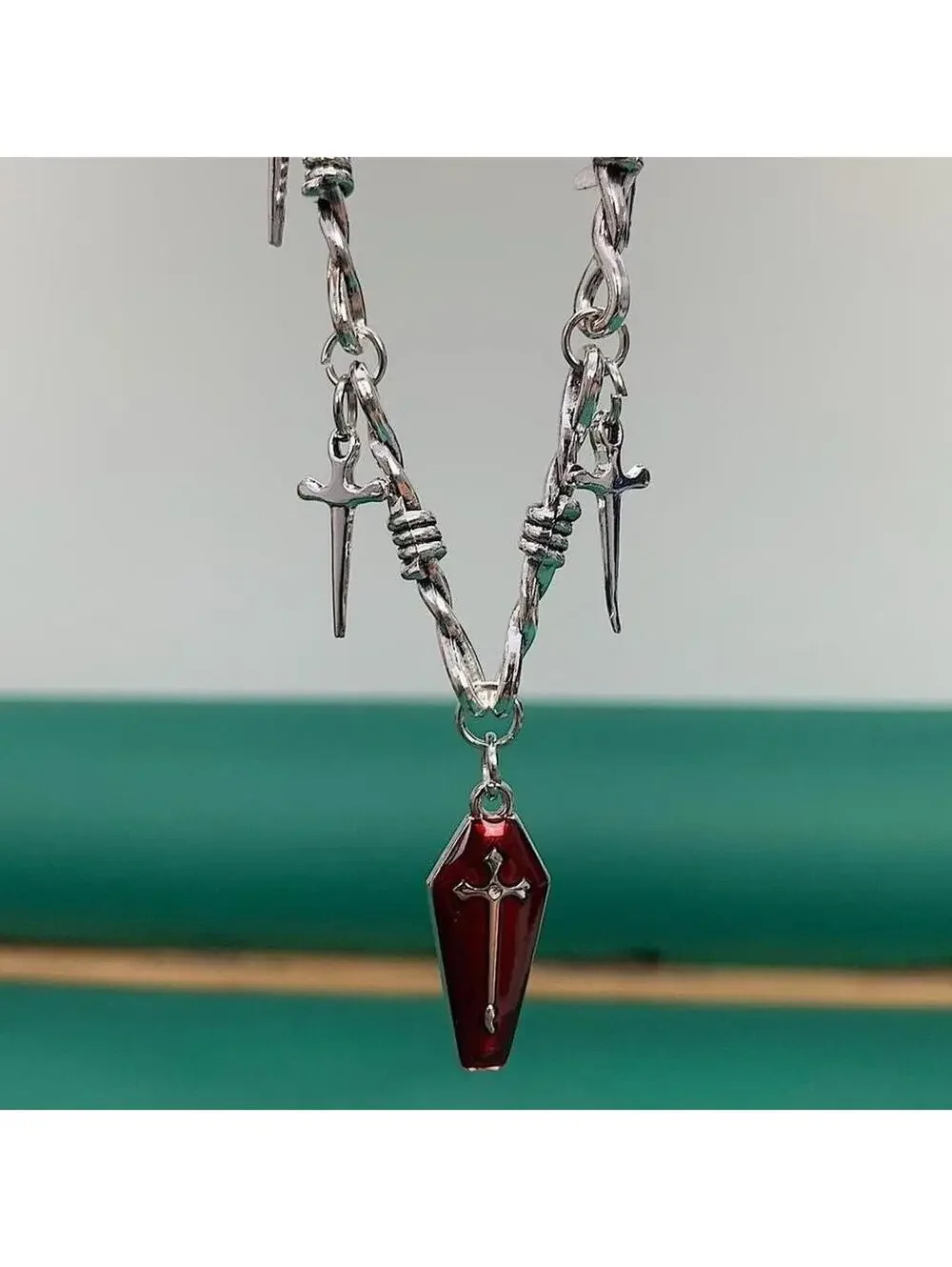 Y2k 2000s punk barbed wire knife cross red coffin pendant emo grunge style